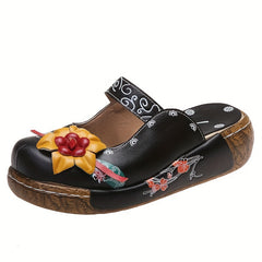 Women's Floral Platform Mules Closed Toe Wedge Slides Sandals