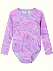 Girls Patterned Long Sleeve Rash Guard Bathing Suit for Summer Surfing