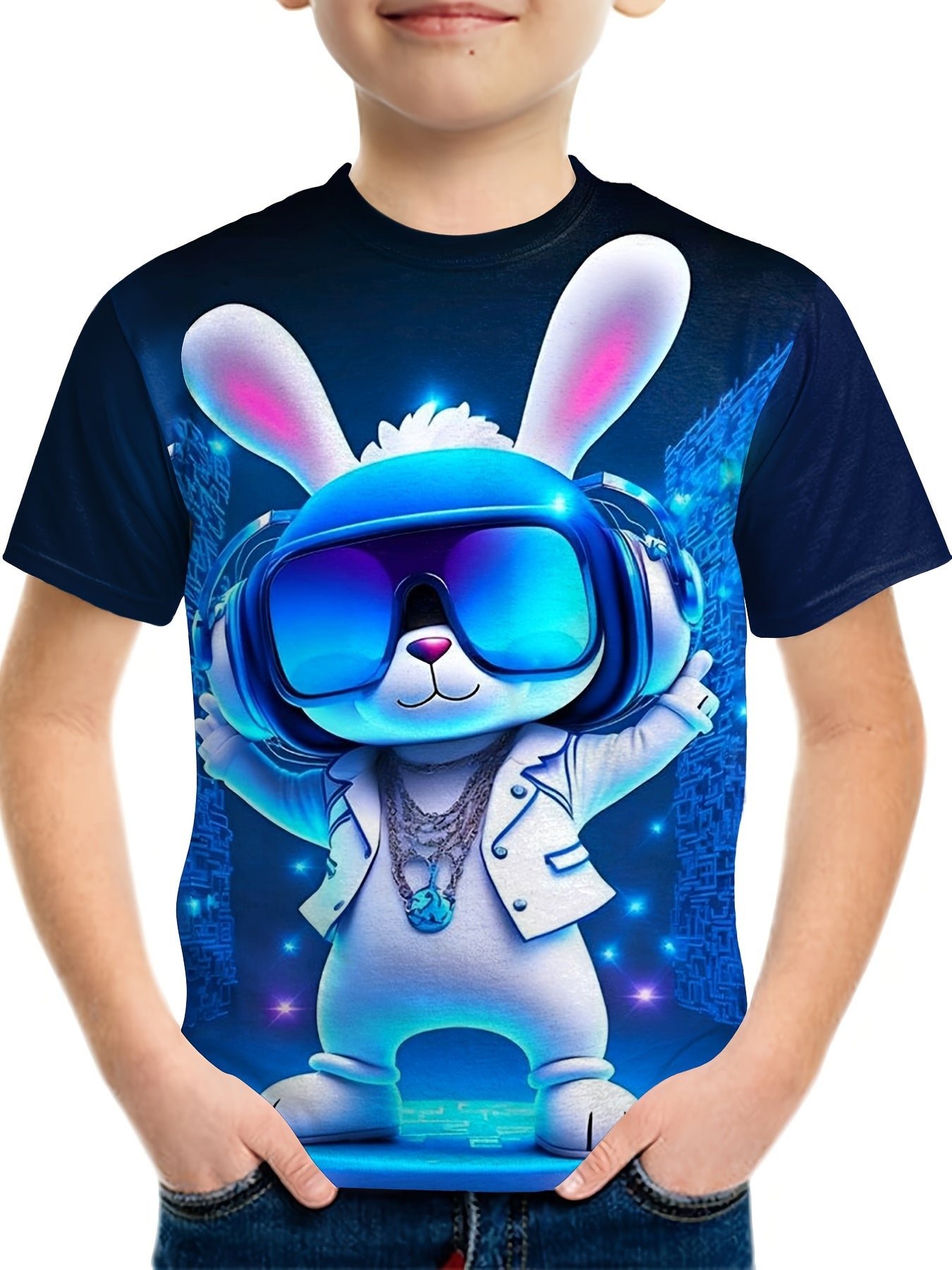 Rabbit DJ 3D Print Boy's Casual Short Sleeve T shirt