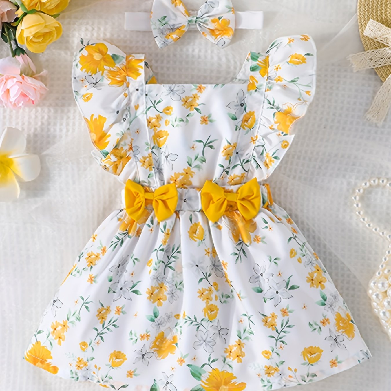 2pcs Baby Girls Floral Dress & Headband Set Clothes