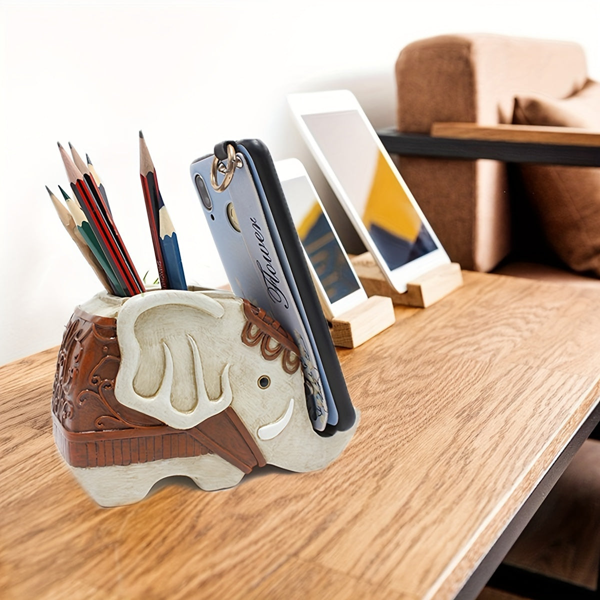 Creative Elephant Pen Holder Phone Holder Resin Ornament Office Stationery