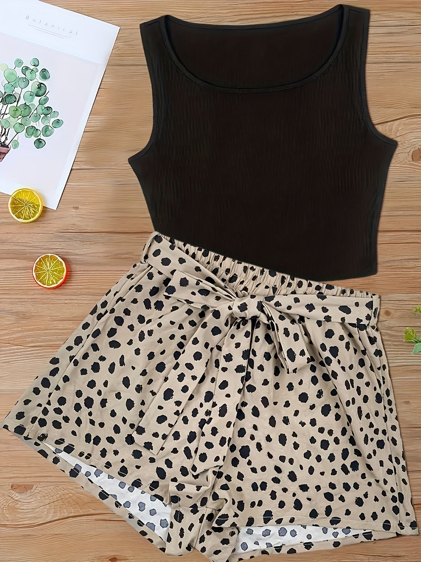 Casual Tank Top & Dalmatian Print Shorts Set for Women