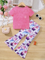 2pcs Toddler Girls Dinosaur T Shirt & Flare Leg Pants Set