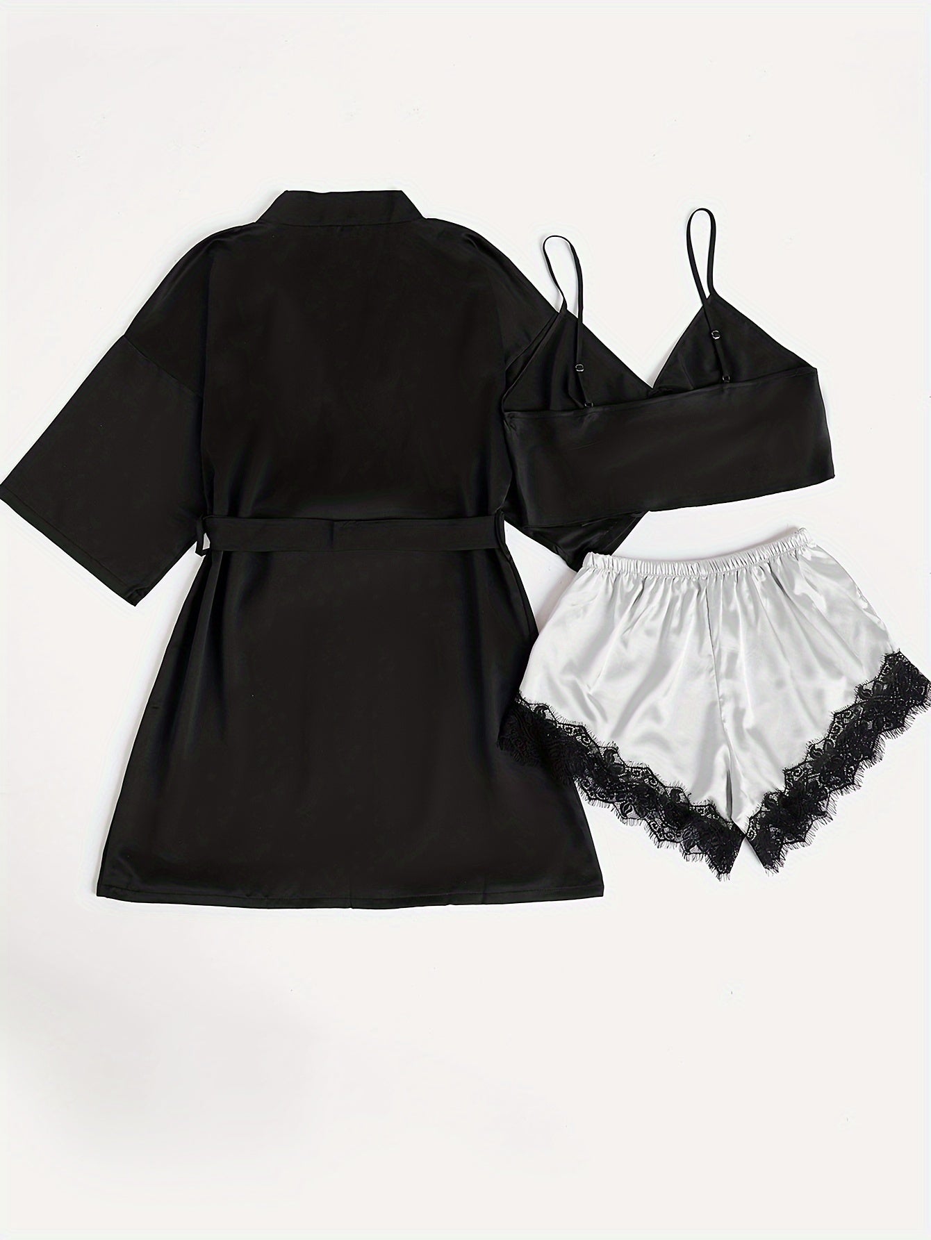 Satin Pajama Set V Neck Robe & Cami Top & Lace Trim Shorts