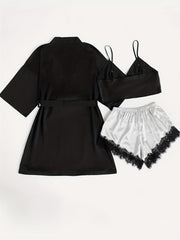 Satin Pajama Set V Neck Robe & Cami Top & Lace Trim Shorts