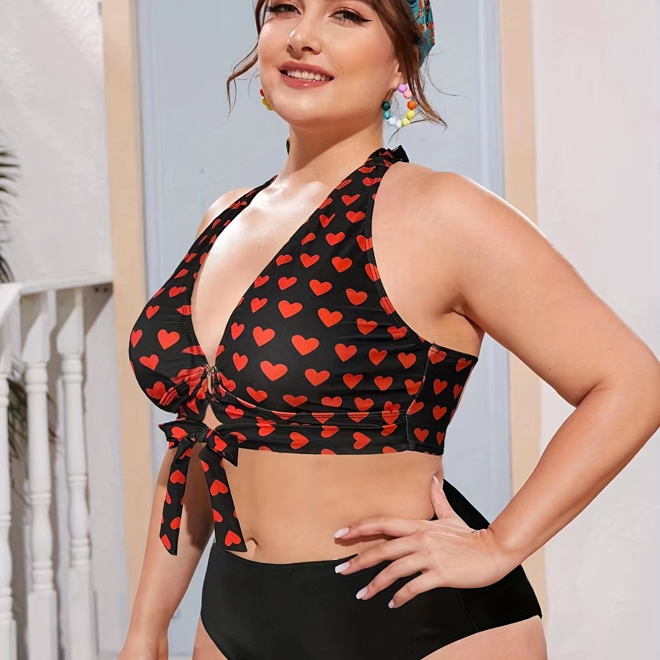 Heart Print Knot Front Heart Ring Top & Panty 2pcs Swimsuit Set