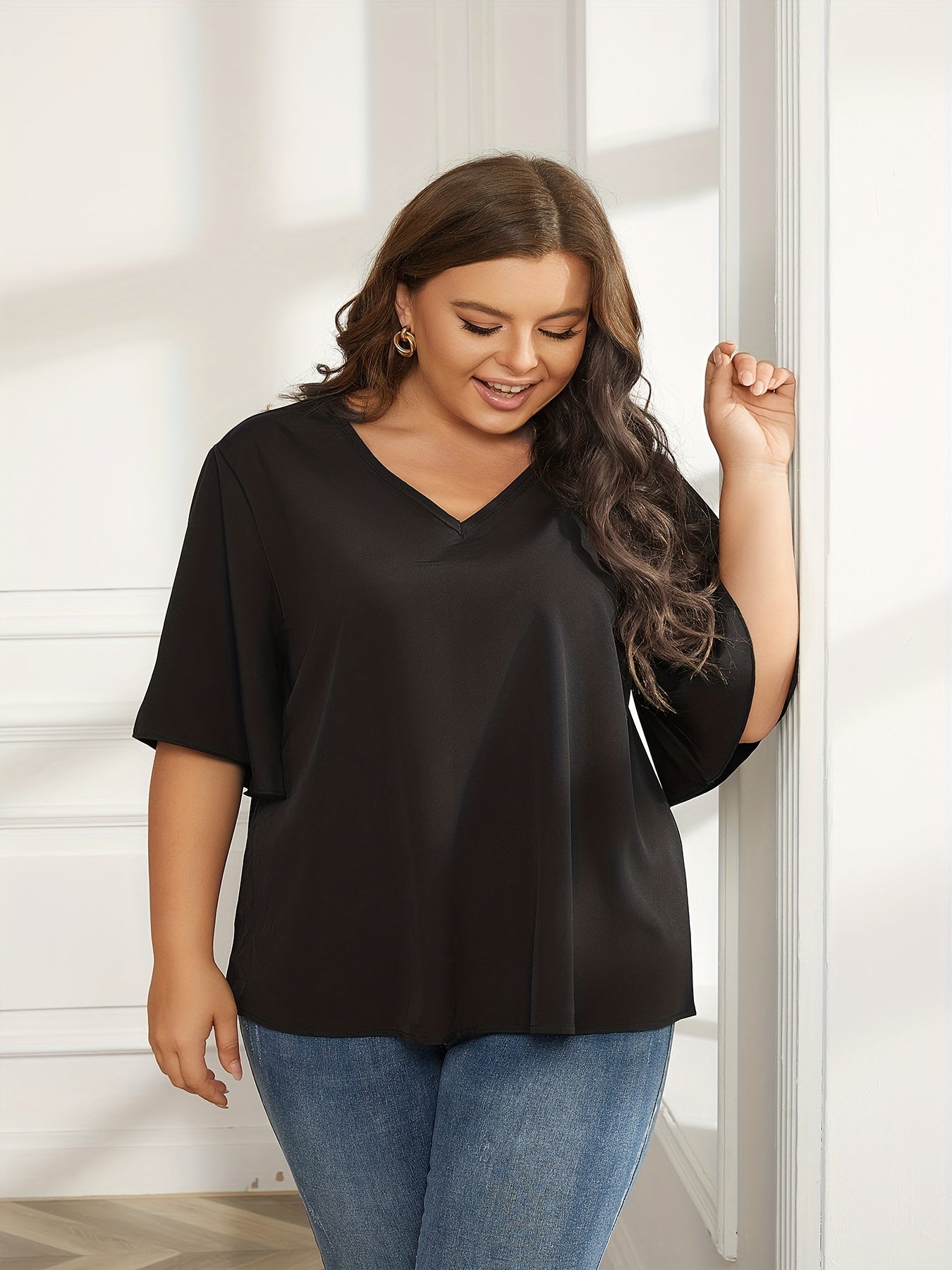 Women's Plus Solid V Neck Bat Sleeve T shirt