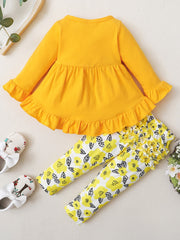 2pcs Yellow Long Sleeve Top & Floral Bottom Set