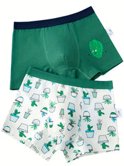 2pcs Boy's Boxer Briefs Cartoon Cactus Print Elastic Waist Shorts