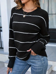 Striped Crew Neck Sweater Long Sleeve Pullover Sweater for Fall & Winter