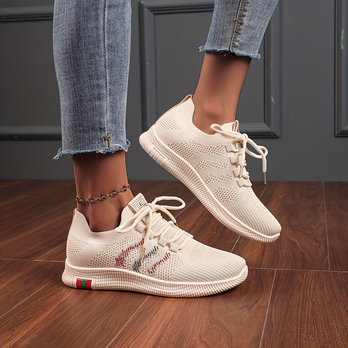 Women's Stripe Weaving Lace Up Sneakers Mesh Running Shoes