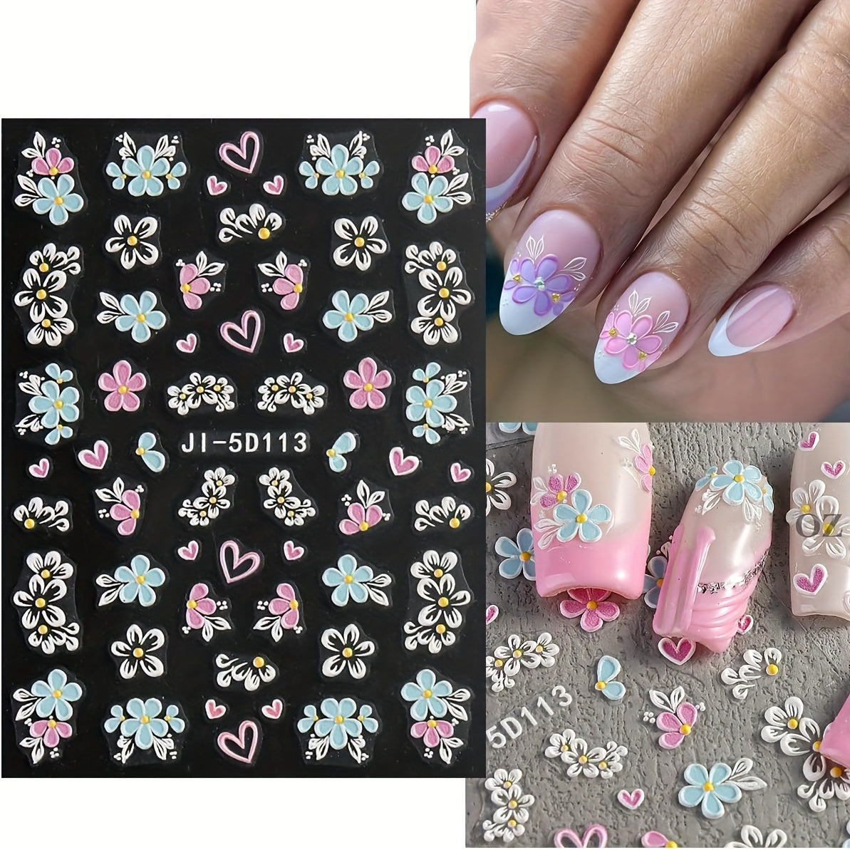 5D Pink Petals Butterfly Nail Stickers French Line Acrylic Spring