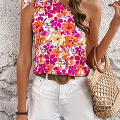 Floral Print One Shoulder Tank Top Sleeveless Summer Ruched Vacation Top