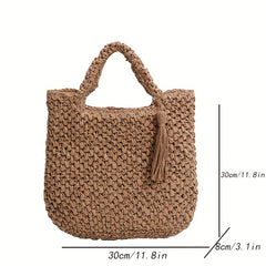 Large Capacity Straw Handbag Lightweight Braided Satchel Bag With Tassel