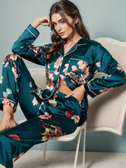 Floral Satin Pajama Set Long Sleeve Top & Pants