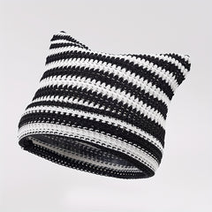 Y2K Striped Cat Ear Knit Hat Summer Ice Silk Beanie