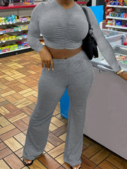 Solid Ruched Crop Top & Pants Set
