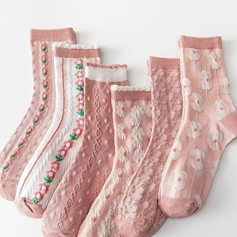 6 Pairs Sweet & Pink Serie Socks - Cozy Flower Geometric 3D Textured Stockings