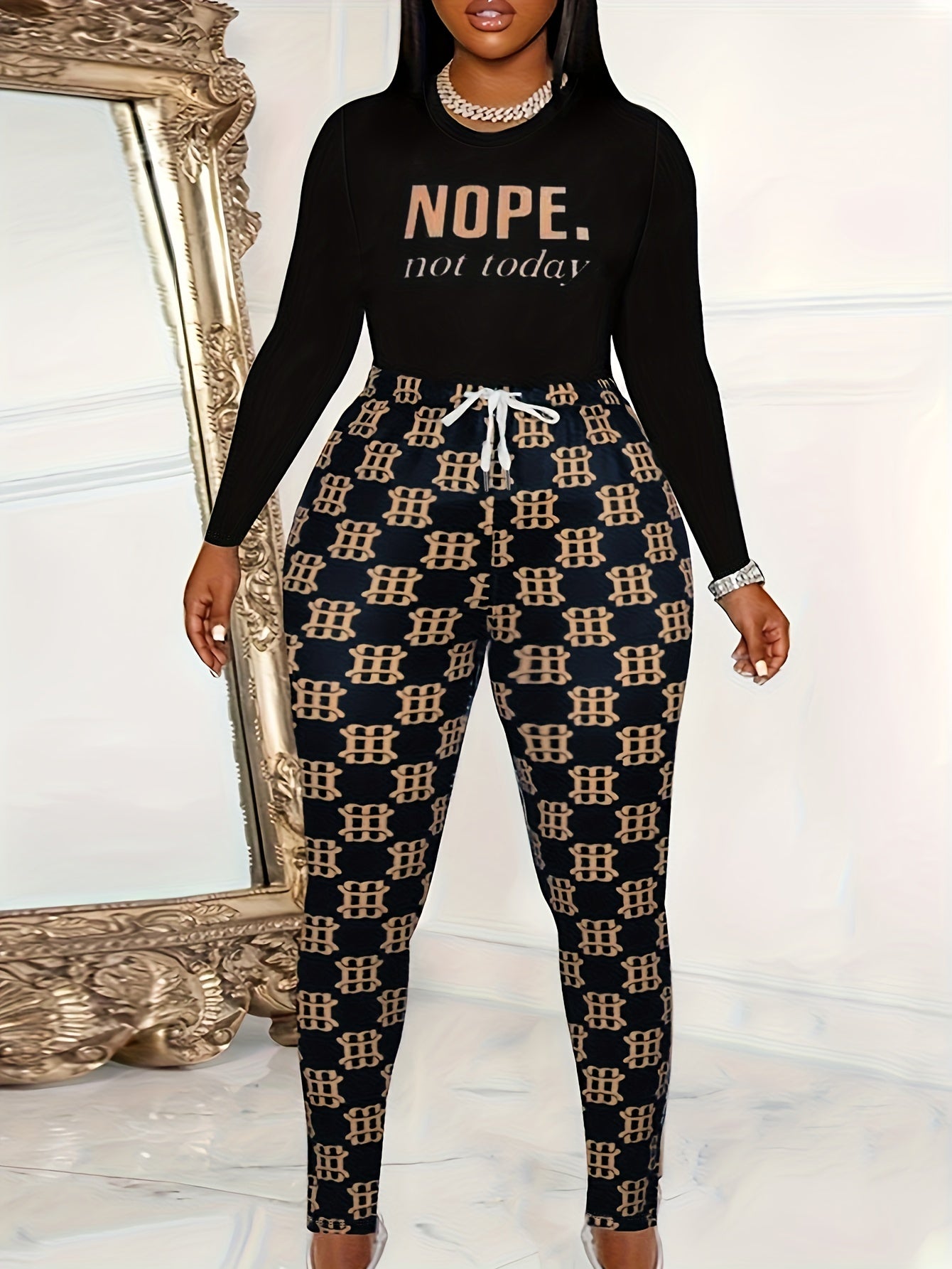 Women's Plus Slogan Long Sleeve Top & Leggings Set