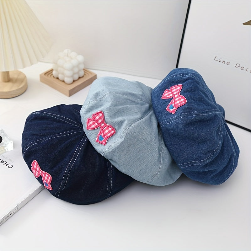 Pink Bowknot Patch Beret Denim Painter Cap Lightweight Hats