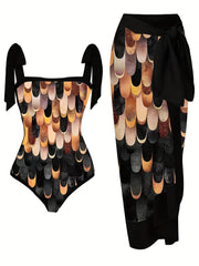 Geometric Print Tie Shoulder One Piece Swimsuit & Side Knot Skirt Tankini Set