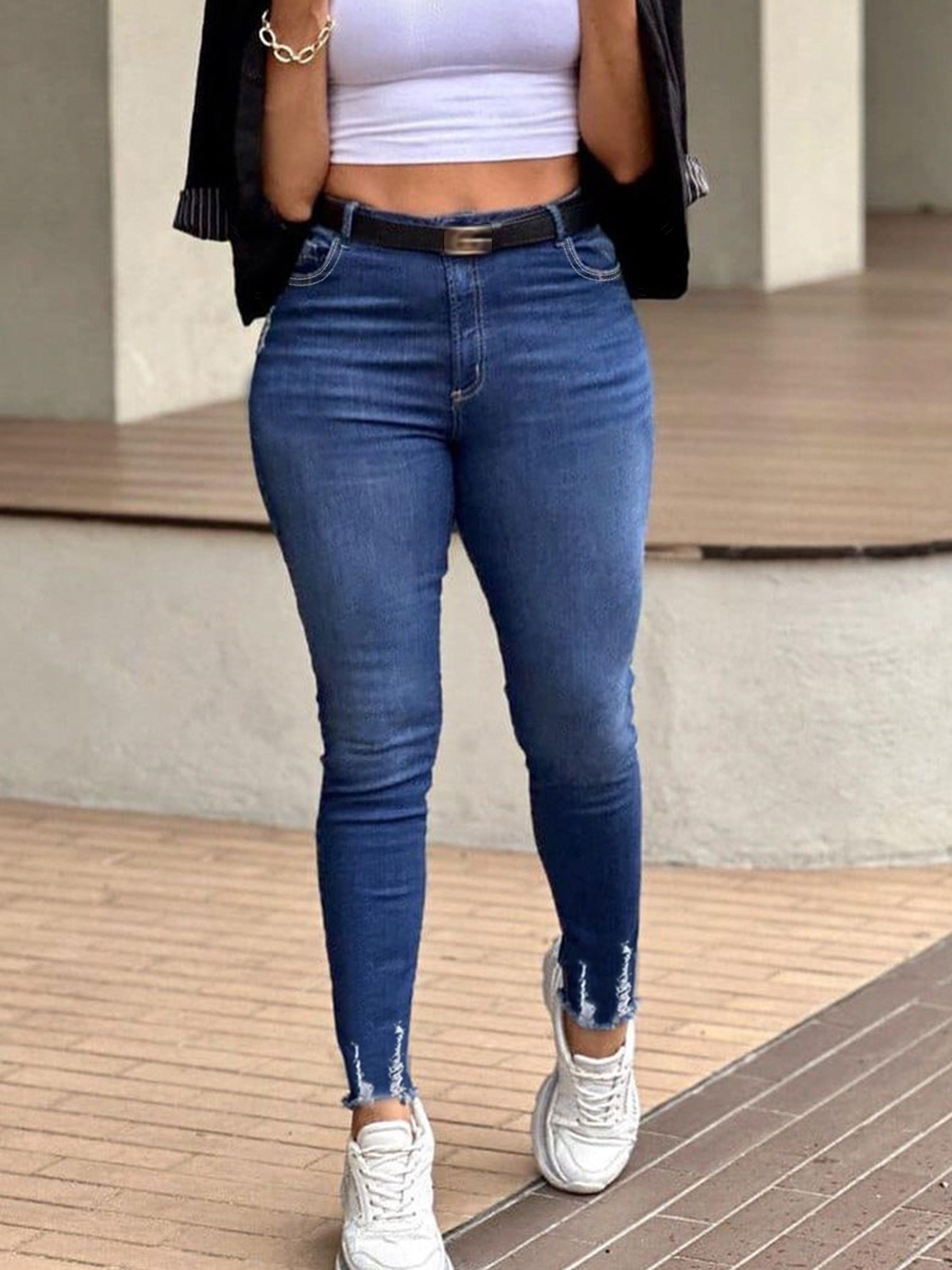 Washed Ripped Fringe Trim High Rise Skinny Jeans