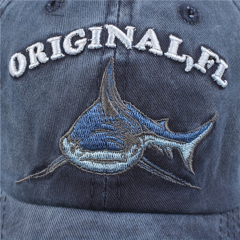 Distressed Shark Embroidery Baseball Cap Vintage Sun Hat