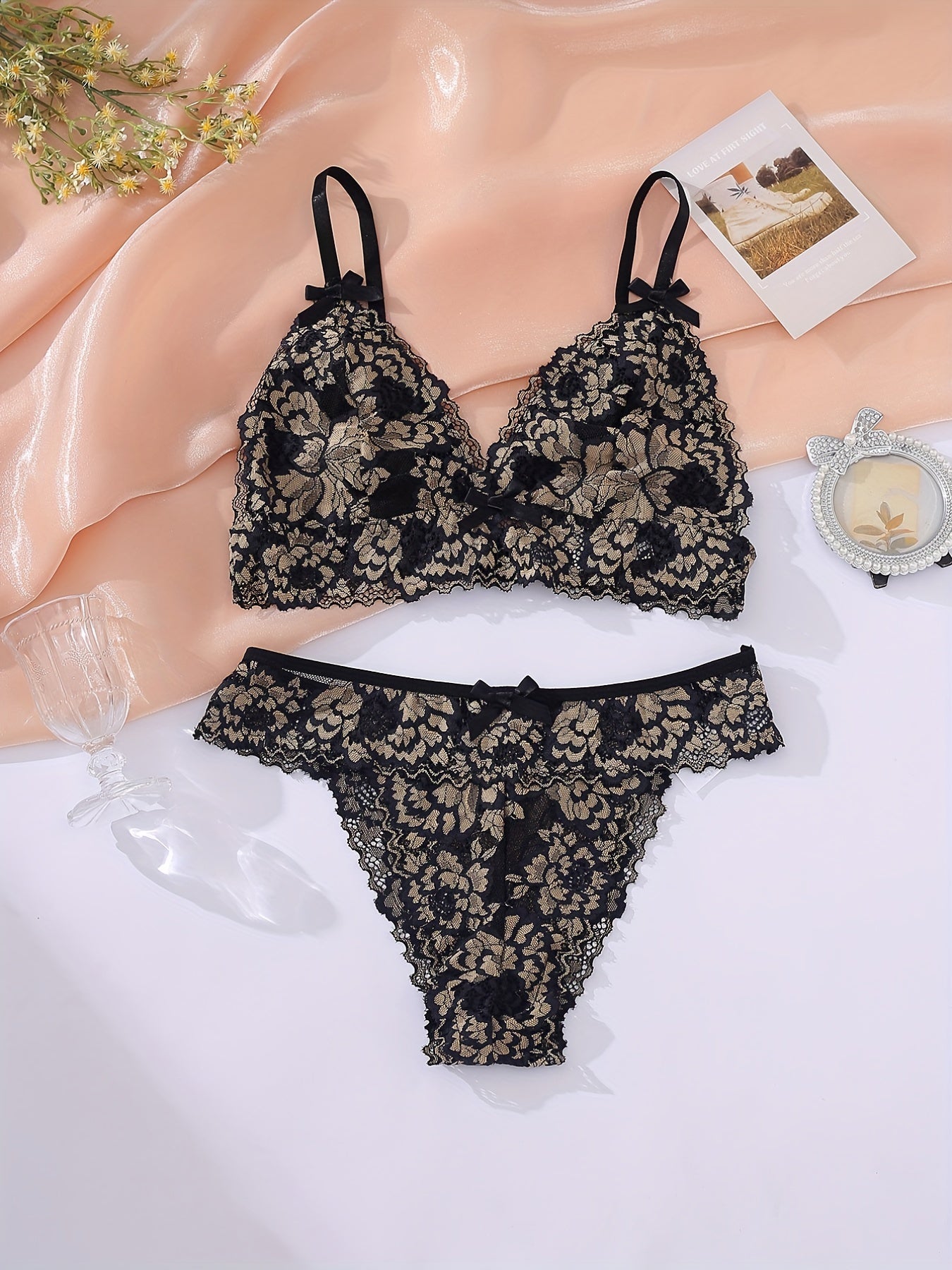 Floral Lace Lingerie Set with Bow Tie Bra & Panties