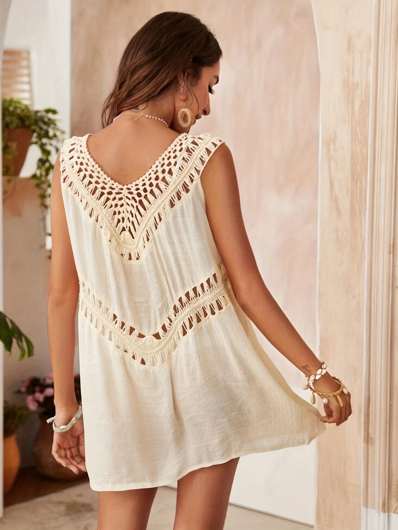 Colorblock Crochet Cover Up Shirt Hollow Out V Neck Casual Cover Dress