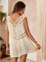 Colorblock Crochet Cover Up Shirt Hollow Out V Neck Casual Cover Dress