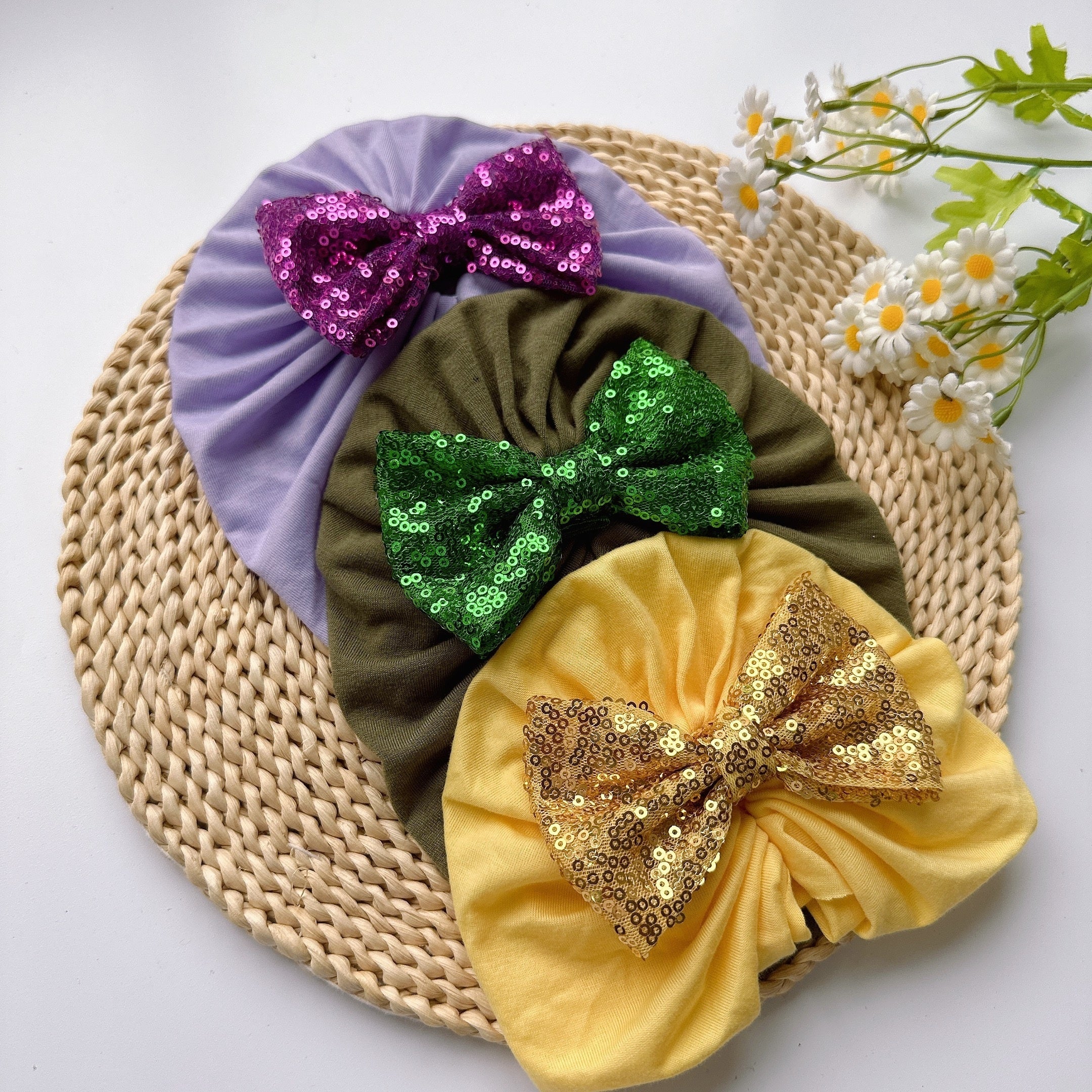 Soft Elastic Baby Sequin Bow Turban Hat