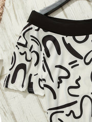 Abstract Print Slanted Shoulder Set with High Waist Pants