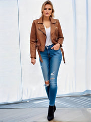 Solid Leather Biker Jacket Long Sleeve Zipper Outerwear