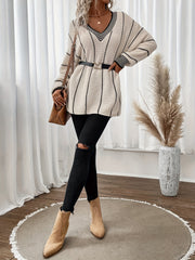 Striped V Neck Pullover Sweater Casual Long Sleeve Loose Sweater