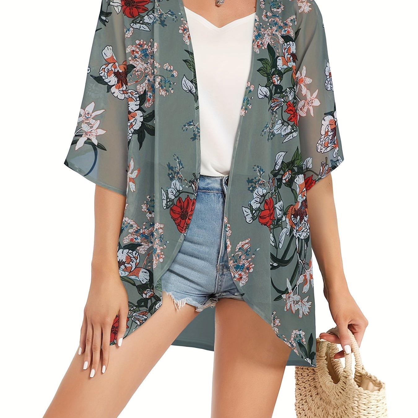 Floral Pattern Cover Up Shirt V Neck Semi Sheer Casual Beachwear Cardigan