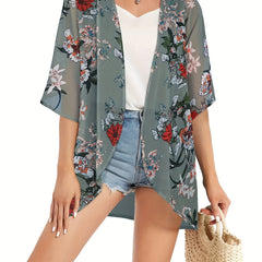 Floral Pattern Cover Up Shirt V Neck Semi Sheer Casual Beachwear Cardigan