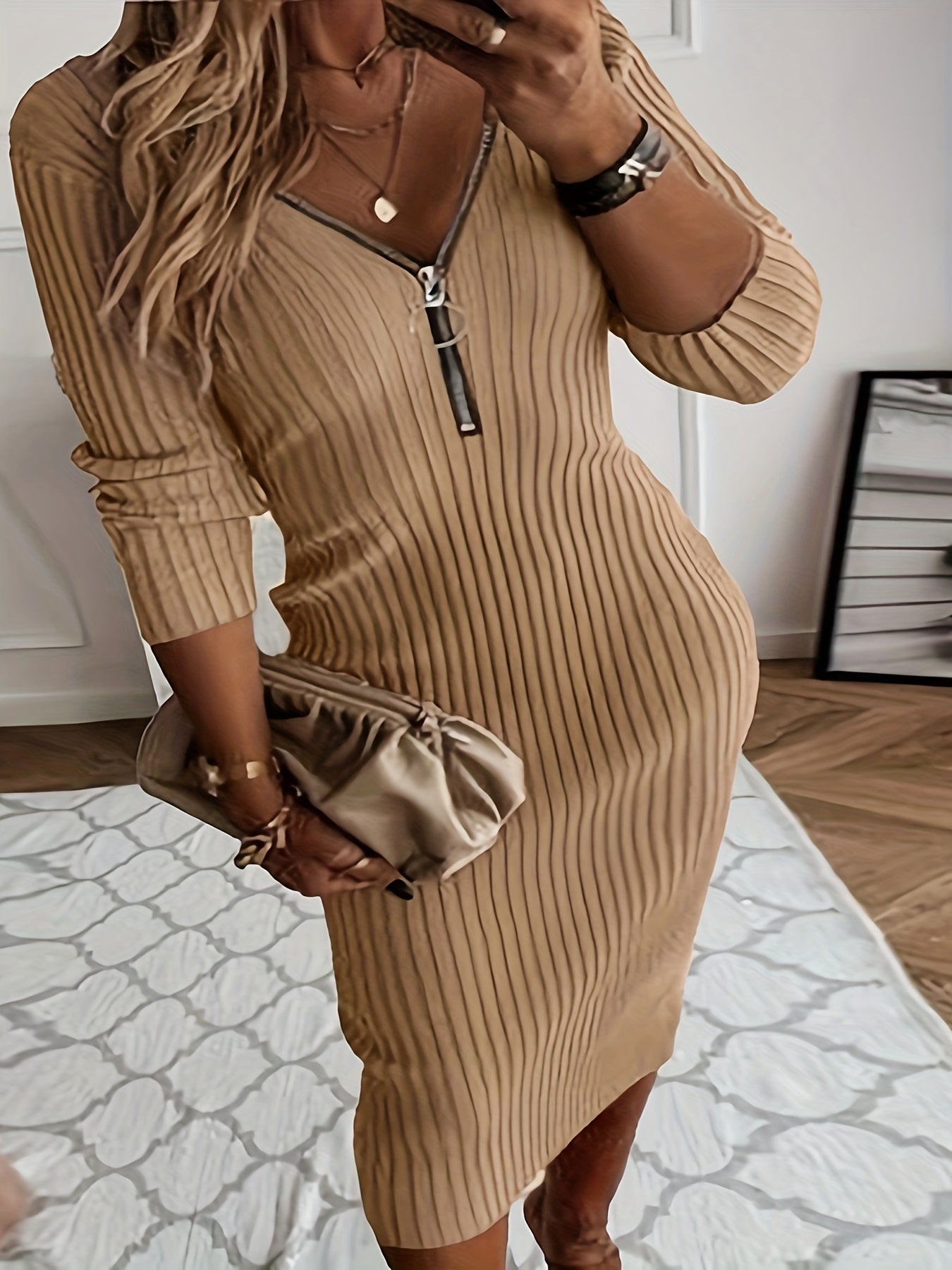 Solid Ribbed Long Sleeve Bodycon Midi Dress