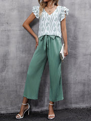 Ruffle Sleeve V Neck Blouse & Wide Leg Pants Set