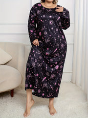 Galaxy Print Long Sleeve Round Neck Tee Sleep Dress