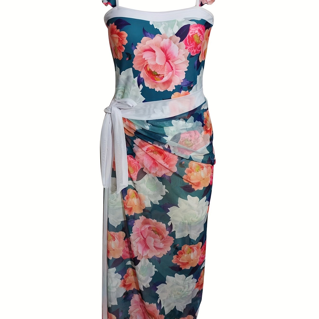 Women's Plus Floral Print One Piece Swimsuit & Wrap Cover Up Skirt Set