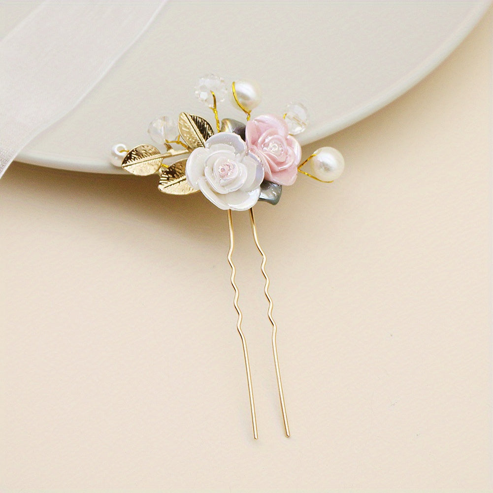 Ceramic Rose Faux Pearl Hairpin Golden Bridal Wedding Party Decor