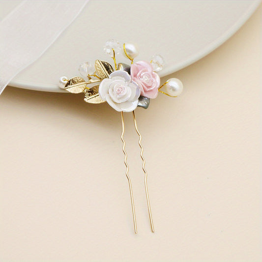 Ceramic Rose Faux Pearl Hairpin Golden Bridal Wedding Party Decor
