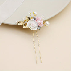 Ceramic Rose Faux Pearl Hairpin Golden Bridal Wedding Party Decor