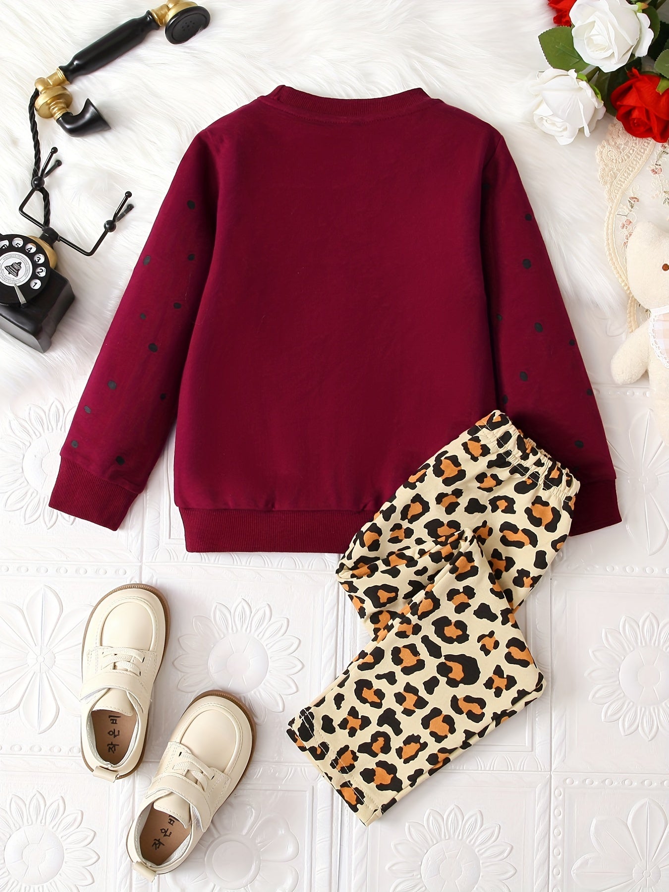 Leopard Pattern Pajamas 2pcs Set Long Sleeve Top & Pants Girl's Loungewear