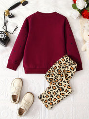 Leopard Pattern Pajamas 2pcs Set Long Sleeve Top & Pants Girl's Loungewear