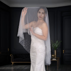 Double Layer Bridal Veil with Pearl Embellishments and Hair Comb