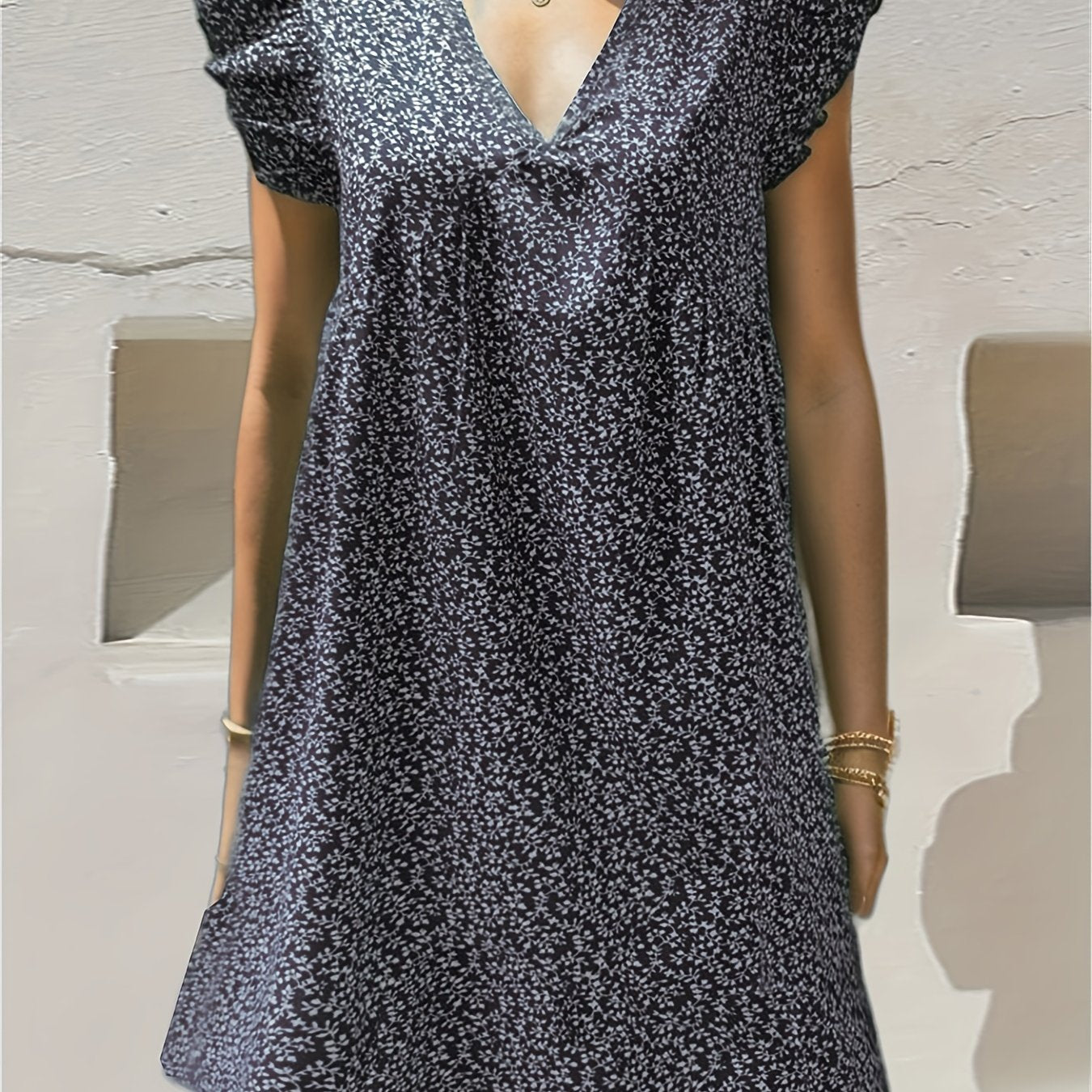 Ditsy Print Ruffle Sleeve V Neck Dress