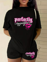 Art Letter Print Tee & Shorts Outfits 2 Piece Set