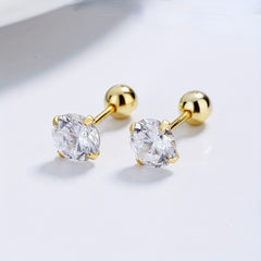 S925 Sterling Silver Zirconia Stud Earrings Girls Buckle Screw Pattern