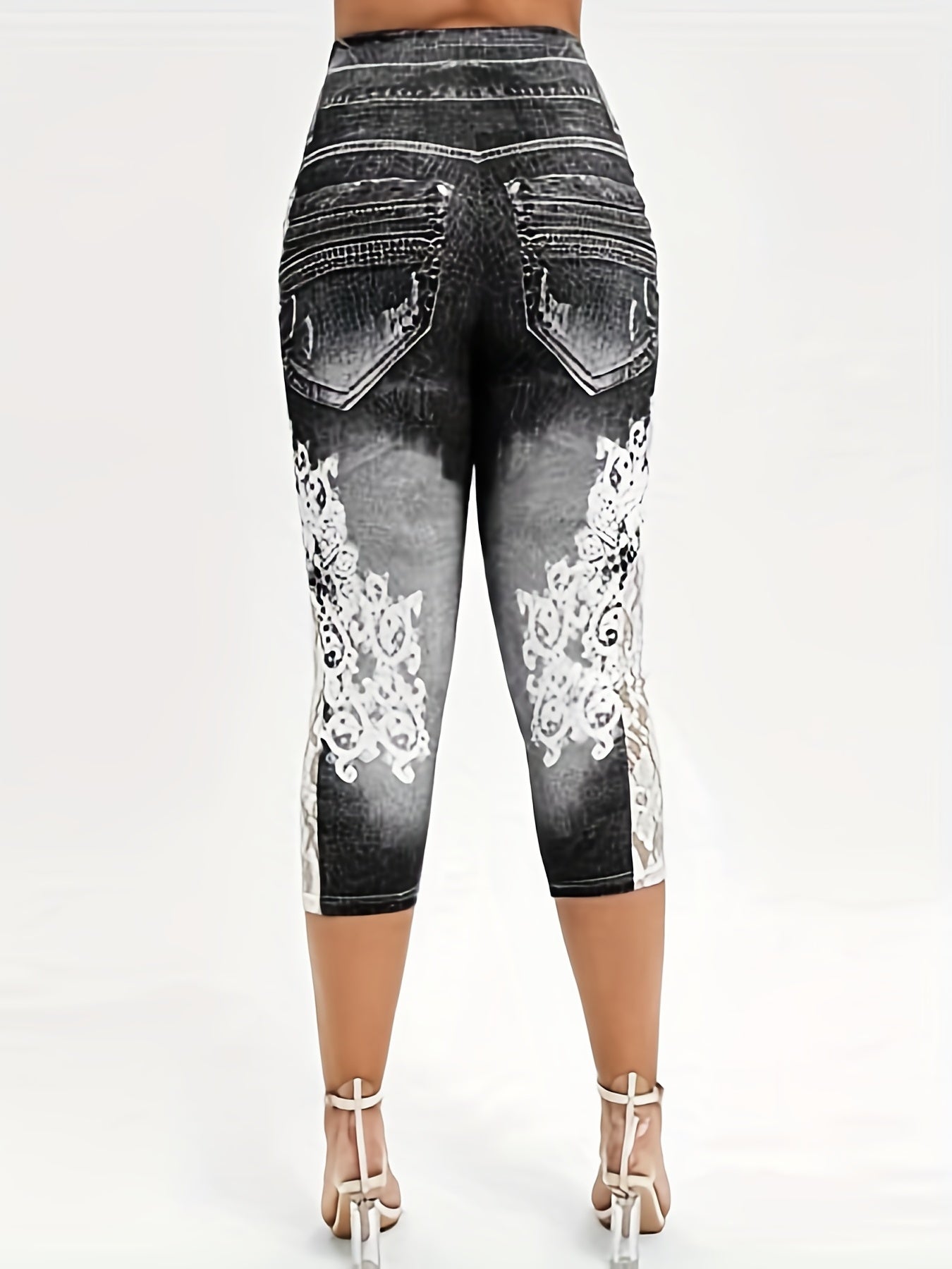 Denim Print Skinny Capris Leggings Lace Stitching Crop Leggings Women's